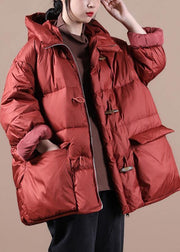 Elegant red warm winter coat Loose fitting womens parka hooded pockets Warm overcoat - SooLinen