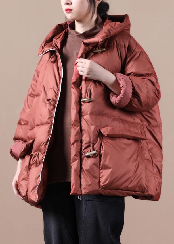 Elegant red warm winter coat Loose fitting womens parka hooded pockets Warm overcoat - SooLinen