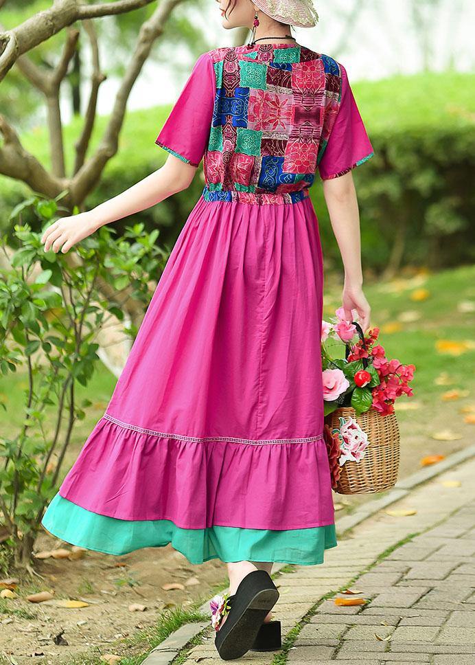 Elegant rose cotton clothes v neck patchwork Maxi summer Dresses - SooLinen