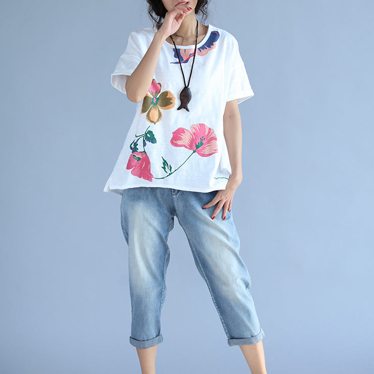 Elegante Kurzarm-Baumwollkleidung für Damen Boho Fabrics weiße Druckkastenblusen