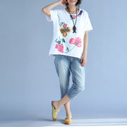 Elegant short sleeve cotton clothes For Women Boho Fabrics white print box blouses