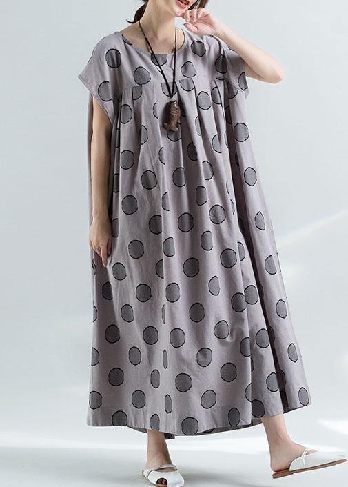 Elegant short sleeve o neck cotton clothes pattern gray dotted Plus Size Dress summer - SooLinen
