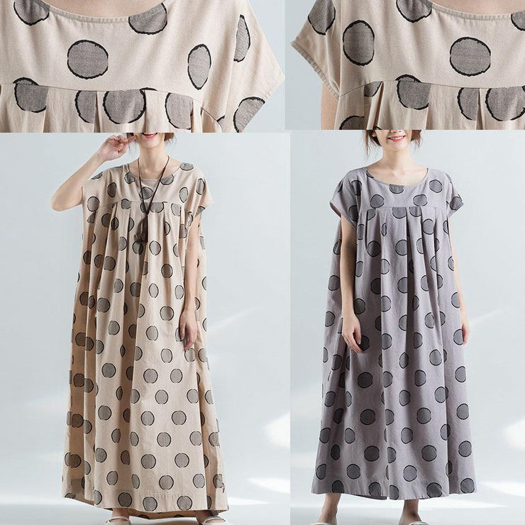 Elegant short sleeve o neck cotton clothes pattern gray dotted Plus Size Dress summer - SooLinen
