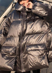 Elegant silver gray winter parkas Loose fitting Jackets & Coats winter hooded pockets outwear - SooLinen