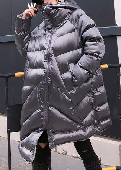 Elegant silver gray womens parkas oversized warm winter outwear hooded zippered - SooLinen