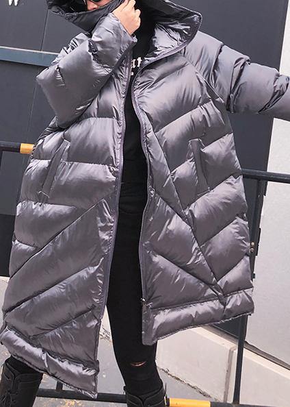 Elegant silver gray womens parkas oversized warm winter outwear hooded zippered - SooLinen