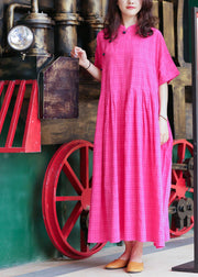 Elegant stand collar linen summer Robes Photography rese plaid Dress - SooLinen