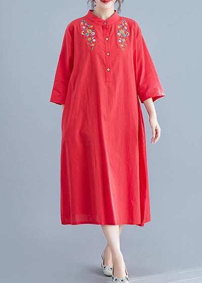 Elegant stand collar pockets cotton tunics for women Work Outfits red embroidery Maxi Dresses summer - SooLinen