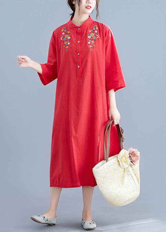 Elegant stand collar pockets cotton tunics for women Work Outfits red embroidery Maxi Dresses summer - SooLinen