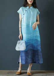 Elegant stand collar side open linen clothes Photography blue print Dresses - SooLinen