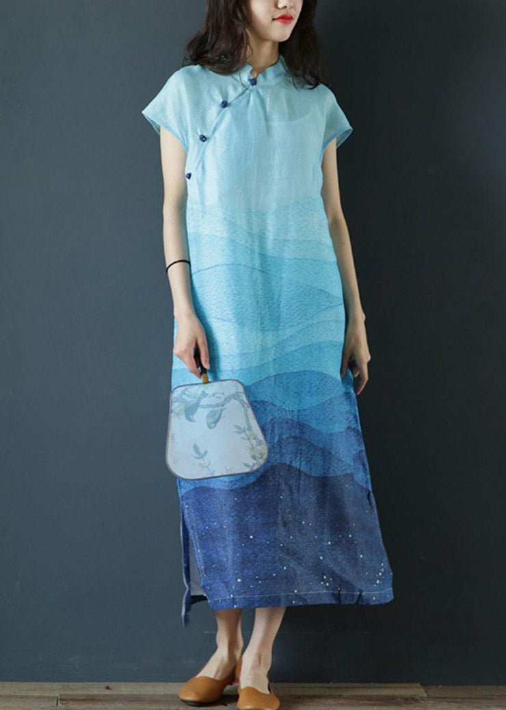 Elegant stand collar side open linen clothes Photography blue print Dresses - SooLinen