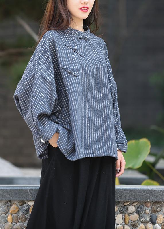 Elegant stand collar trumpet sleeves top silhouette Work Outfits navy striped shirt - SooLinen