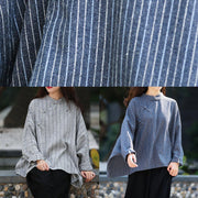 Elegant stand collar trumpet sleeves top silhouette Work Outfits navy striped shirt - SooLinen