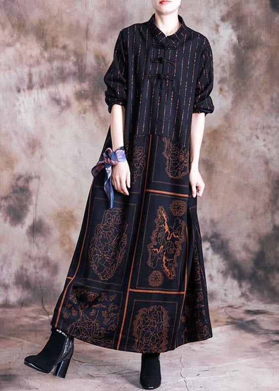 Elegant stand collar woolen clothes Sewing khaki prints Plus Size Dresses fall - SooLinen