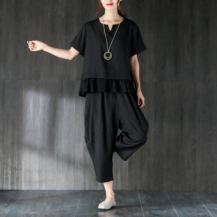 Elegant summer t shirt oversize Black Two Pieces Set Splicing Blouse Lantern Pants
