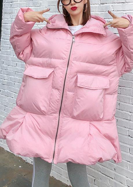Elegant trendy plus size Jackets & Coats big pockets outwear pink thick hooded overcoat - SooLinen