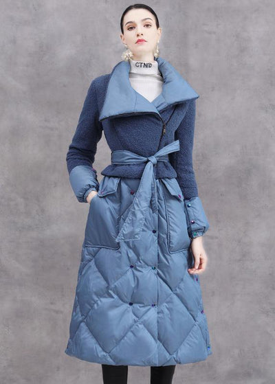 Elegant trendy plus size down jacket patchwork winter outwear blue tie waist warm winter coat - SooLinen
