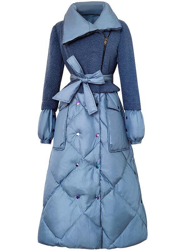 Elegant trendy plus size down jacket patchwork winter outwear blue tie waist warm winter coat - SooLinen