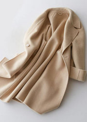 Elegant trendy plus size mid-length coats double breast jackets beige big pockets woolen coats - SooLinen