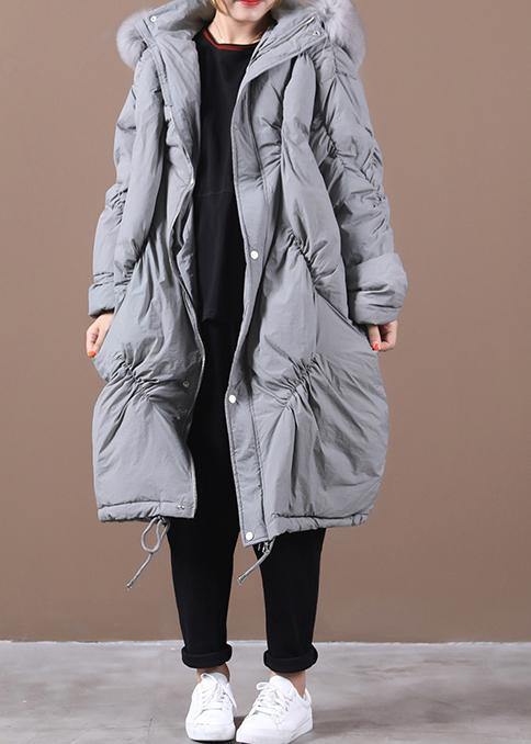 Elegant trendy plus size snow jackets Winter gray hooded Cinched goose Down coat - SooLinen