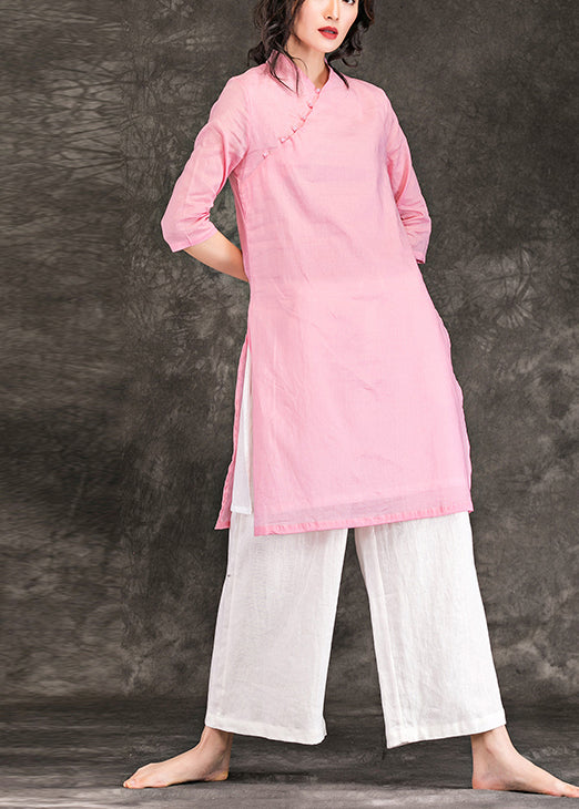 Elegant v neck Three Quarter sleeve linen dress Metropolitan Museum Neckline pink shift Dress Summer