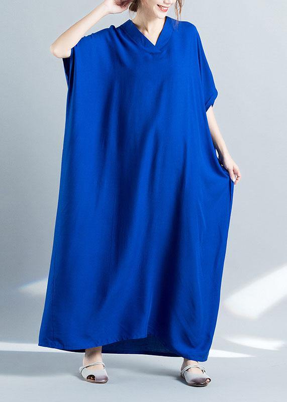 Elegant v neck baggy cotton summer clothes Women pattern blue loose Dress - SooLinen
