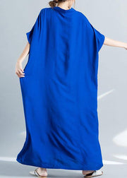 Elegant v neck baggy cotton summer clothes Women pattern blue loose Dress - SooLinen