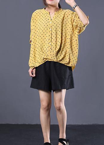 Elegant v neck cotton clothes For Women Shape yellow asymmetric dotted shirt summer - SooLinen