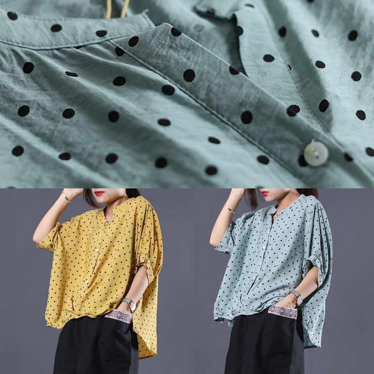 Elegant v neck cotton clothes For Women Shape yellow asymmetric dotted shirt summer - SooLinen