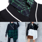 Elegant v neck cotton patchwork linen tops women blouses Outfits plaid blouse - SooLinen