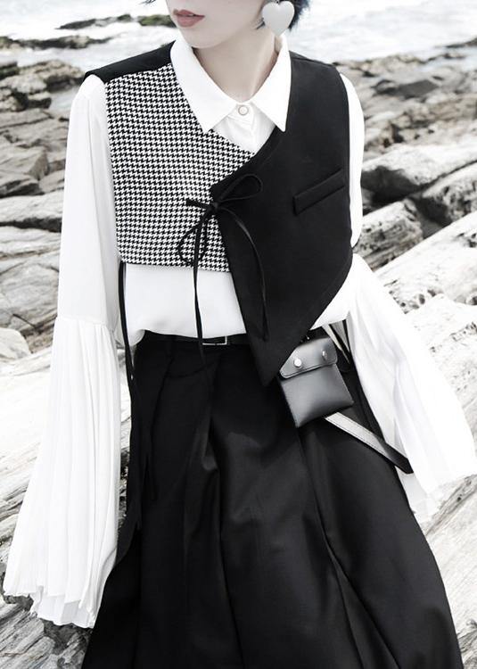 Elegant v neck cotton sleeveless blouses for women Christmas Gifts black patchwork plaid tops - SooLinen