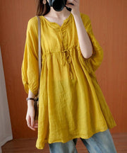 Elegant v neck drawstring blouses for women Sewing yellow top - SooLinen