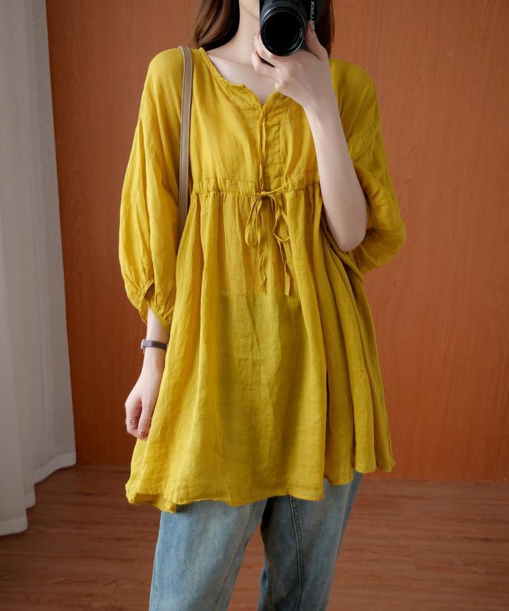 Elegant v neck drawstring blouses for women Sewing yellow top - SooLinen