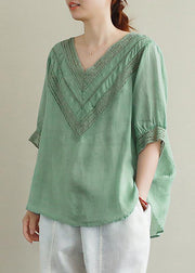 Elegant v neck half sleeve linen tunic top Photography green hollow out tops - SooLinen