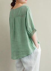 Elegant v neck half sleeve linen tunic top Photography green hollow out tops - SooLinen
