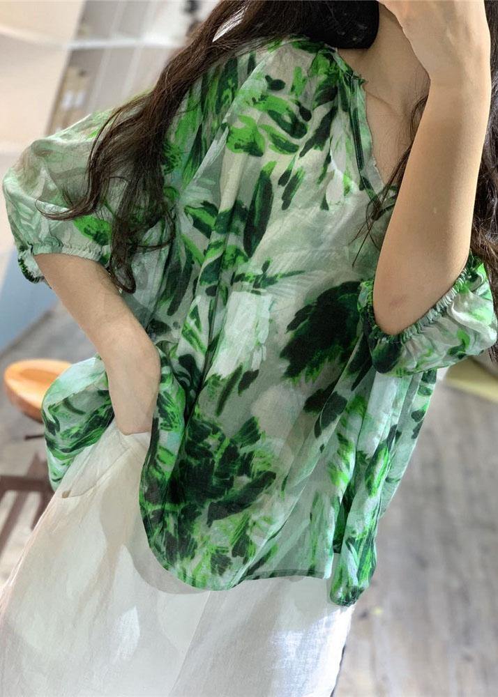 Elegant v neck linen blouses for women Fashion Ideas green prints blouses fall - SooLinen