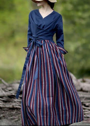 Elegant v neck patchwork striped spring quilting dresses Catwalk navy Dress - SooLinen