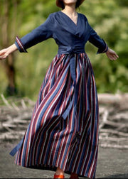 Elegant v neck patchwork striped spring quilting dresses Catwalk navy Dress - SooLinen
