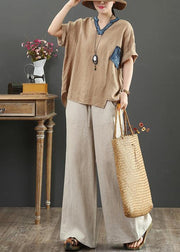 Elegant v neck pockets linen shirts women Cotton khaki blouses - SooLinen