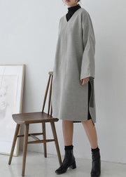 Elegant v neck tie waist tunic dress Fashion Ideas gray Dresses - SooLinen