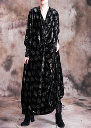 Elegant v neck velour Tunic Work Outfits black prints long Dresses fall - SooLinen
