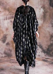 Elegant v neck velour Tunic Work Outfits black prints long Dresses fall - SooLinen