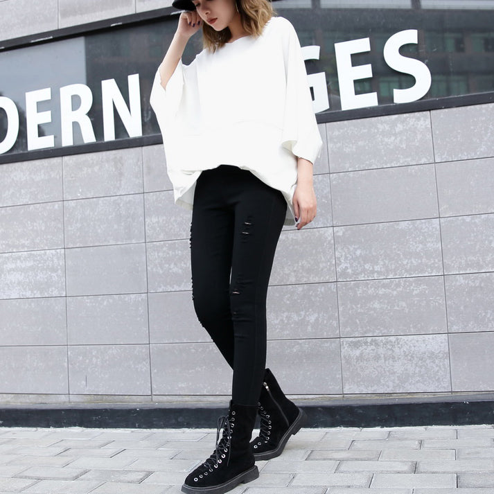 Elegant white Midi cotton pullover Loose fitting cotton t shirt casual batwing sleeve loose waist cotton clothing