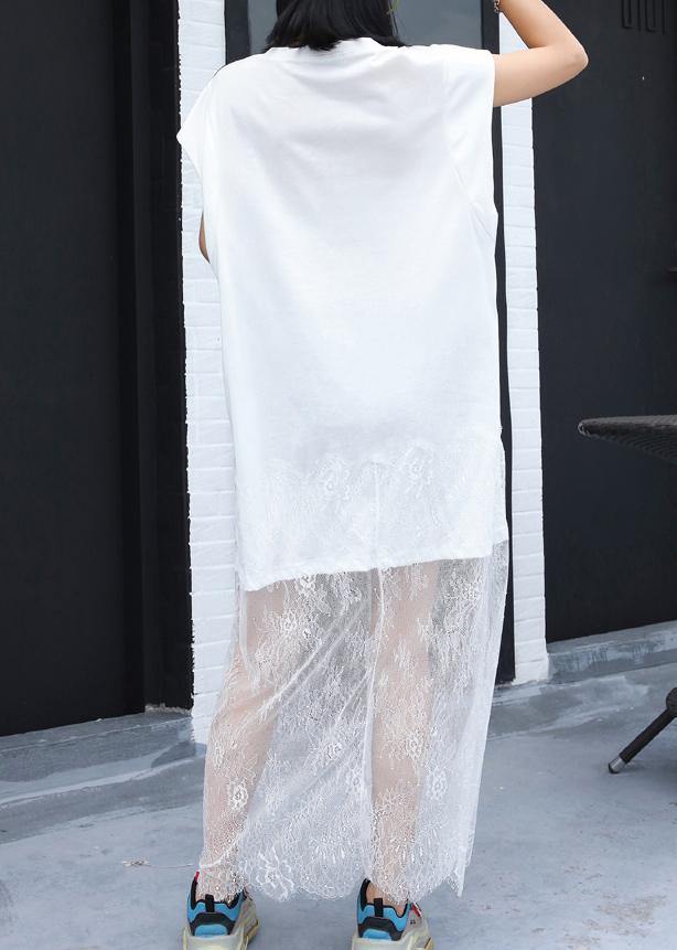 Elegant white alphabet prints Cotton Tunic patchwork lace tunic summer Dresses - SooLinen
