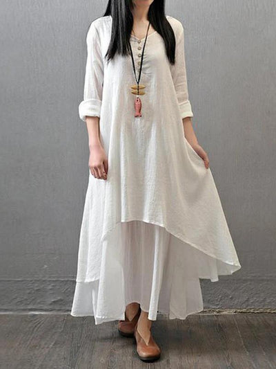 Elegant white cotton outfit v neck patchwork Dresses - SooLinen