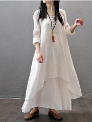 Elegant white cotton outfit v neck patchwork Dresses - SooLinen