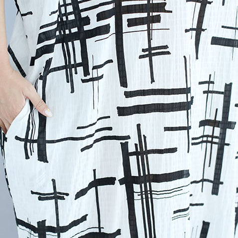 Elegant white linen dress plus size asymmetric design striped cotton dresses vintage o neck linen cotton dress