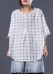 Elegant white plaid linen Tunic Cotton o neck summer shirt - SooLinen