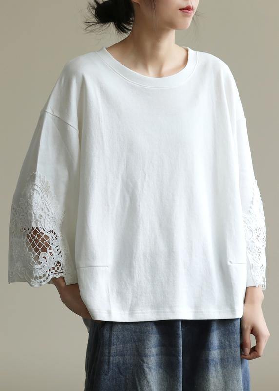 Elegant white tunics for women o neck patchwork tunic shirts - SooLinen