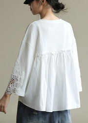 Elegant white tunics for women o neck patchwork tunic shirts - SooLinen